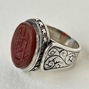 Hand Carved Red Agate Sterling Silver Ring - Islamic Gift