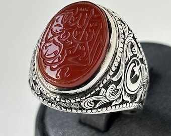 Men's Red Agate Sterling Silver Ring: Handmade Turkish Islamic Jewelry