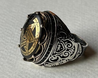 Anillo de hematita de plata esterlina hecho a mano: Diseño del Sello Judío de Salomón