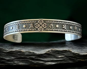 Buddhist Symbol Silver Cuff Bracelet 925 Sterling Spiritual Meditation Gift
