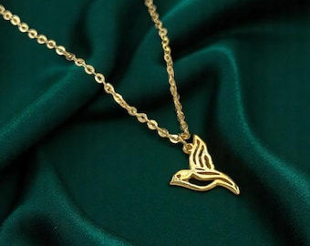 Collar de colibrí de oro de 14 quilates / Colgante de pájaro pequeño / Regalo para ella