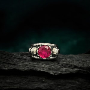 Handmade Sterling Silver Skull Ring with Ruby - Viking Pagan Jewelry