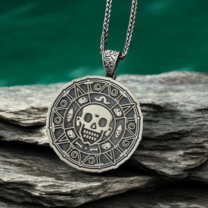 Caribbean Chain Necklace - Pirate Theme Jewelry - Aztec Medallion - Silver Man Engraved Necklace - PirateCoin Necklace Double Sided