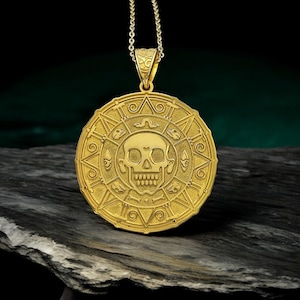 14K Gold Plated Pirate Coin Necklace: Sterling Silver Aztec Skull Pendant