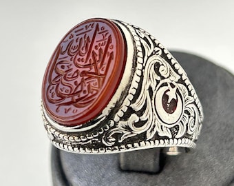 Handmade Sterling Silver Men's Ring: Red Agate, Crescent Star - Turkish Jewelry