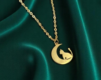 14k Gold Cat on the Moon Necklace: Handmade Feline Jewelry