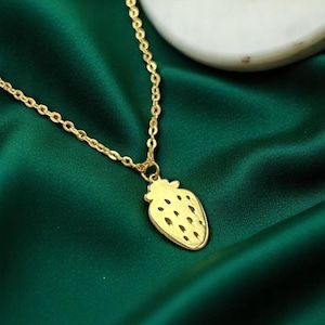14K Gold Strawberry Pendant Necklace: Dainty Fruit Charm