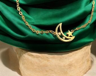 Pulsera Celestial de Oro de 14K: Diseño de Luna Creciente y Estrella