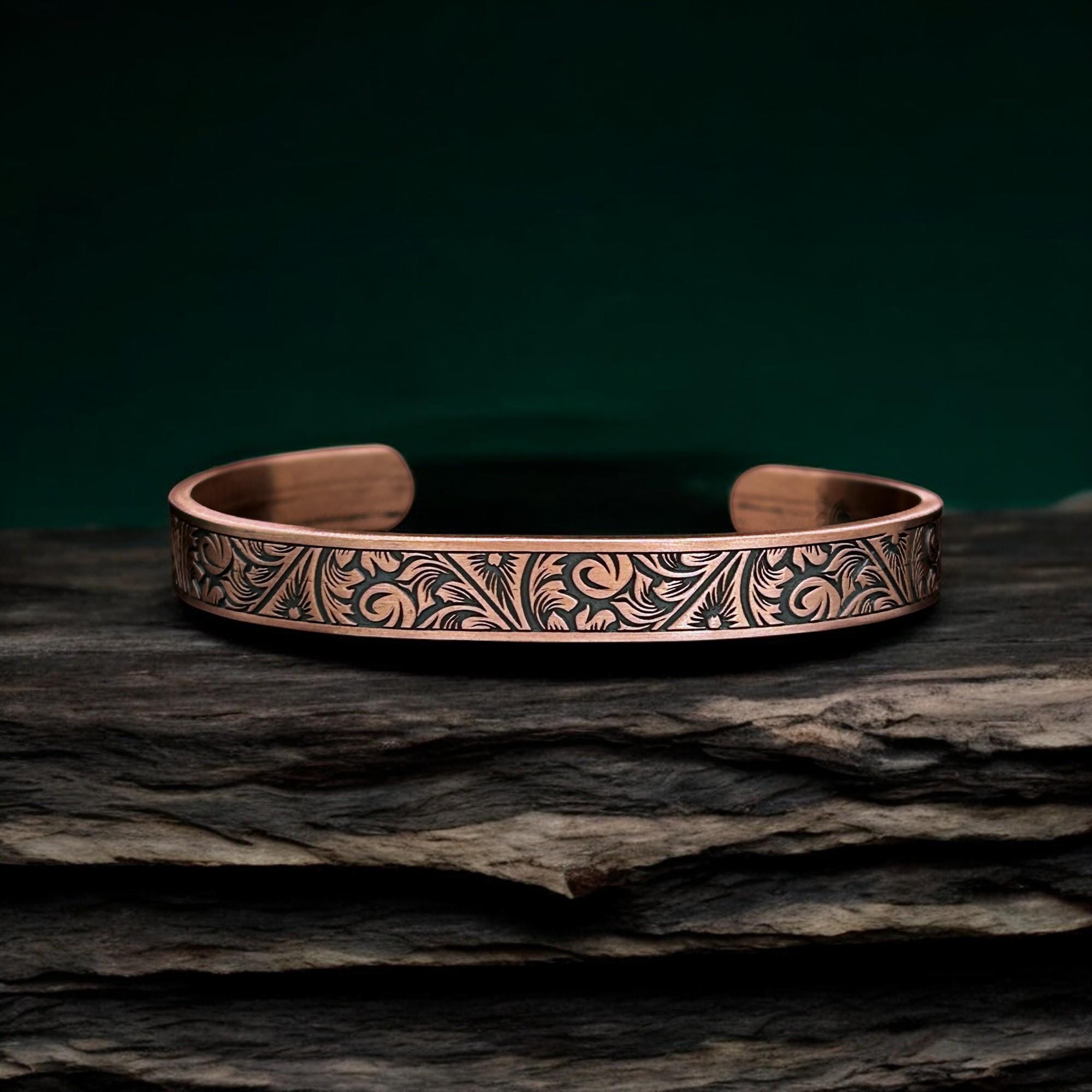 Handcrafted Copper Cuff Bracelet: Engraved Floral Pattern, Artisanal Bangle