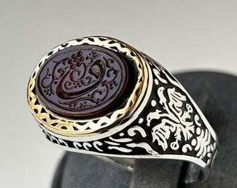 Hand-Carved Red Agate Sterling Silver Ring - Seljuk Vav Motif