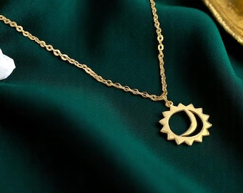 14K Gold Sun and Moon Necklace: Celestial Astrology Jewelry