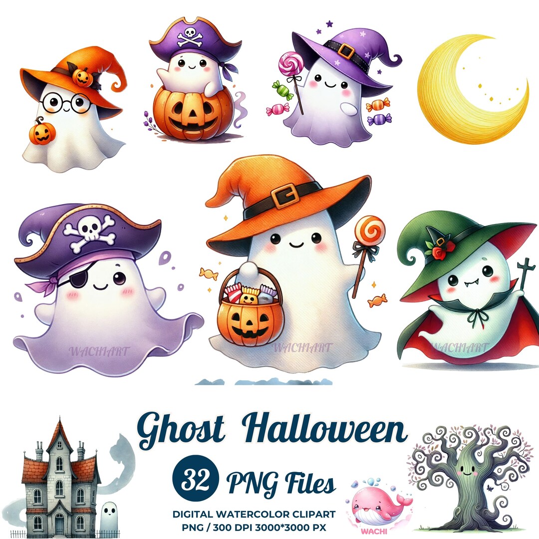 Kawaii Ghost Halloween Clipart Bundle, Cute Ghosts & Pumpkins, Spooky ...