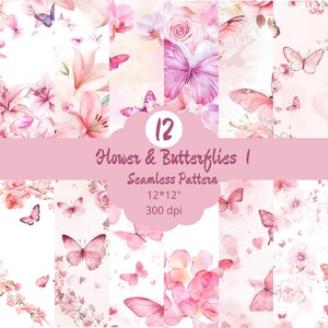 Może przedstawiać: Zestaw 12 bezszwowych wzorów z akwarelowymi kwiatami i motylami w odcieniach różu i bieli. Tekst brzmi "Flower & Butterflies I" i "12" o wymiarach 12x12 cali i 300 dpi.