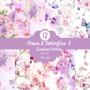 Op de afbeelding: Een verzameling van 12 naadloze patronen met aquarelbloemen en vlinders in roze, paarse en witte tinten. De patronen zijn 12x12 inch (30,48 x 30,48 cm) en 300 dpi, perfect voor diverse ontwerpen.