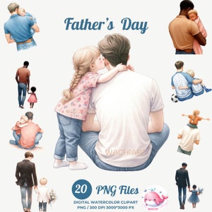 Collezione di clipart acquerellate per la festa del papà - Momenti teneri tra papà e figli, PNG digitali, biglietti e regali, momenti di paternità, scrapbooking