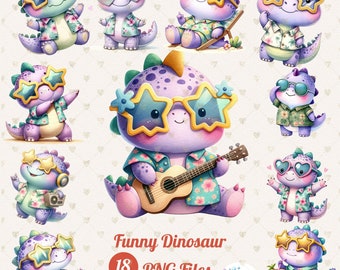 Watercolor Dinosaur Clipart: Funny Dino PNG Set (Digital Download)