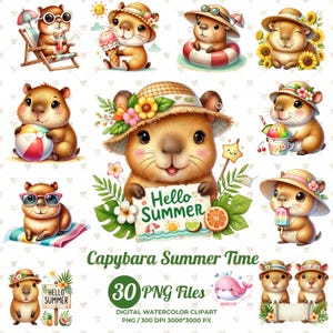 Watercolor Capybara Clipart: Summer & Valentine's Day PNG (3000x3000 px)