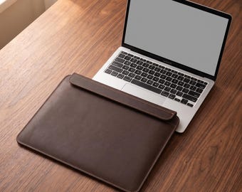 Dark Brown Leather MacBook Sleeve Magnetic, Chocolate Full Grain Laptop Case, MacBook Pro Cover
