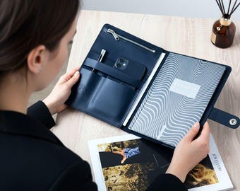 A5 Leather Notebook Cover Refillable, Notebook Holder with Pen Holder & Zip Pocket, Leather Journal A5