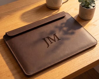 Leather MacBook Sleeve Magnetic, Gift for Him, Full Grain Laptop Case for Husband Dad
