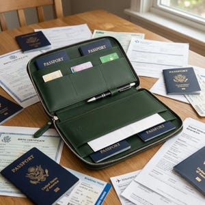 May include: A dark green zippered travel organizer wallet featuring multiple interior slots for passports, credit cards, and documents. A black and silver pen is held in a central loop. Several blue United States passports and various travel documents are arranged around the open wallet.