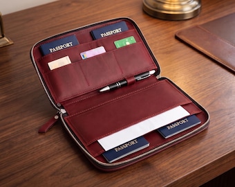 Leather Passport Holder | Business Travel Wallet | Crazy Horse Leather Organizer | Zipper | Executive Gift