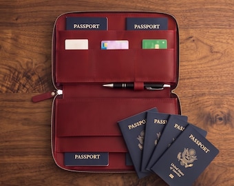 Personalized Family Travel Passport Holder With Zipper, Secure Family Documents Organizer, Leather Travel Wallet