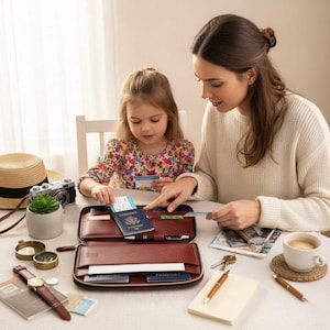 May include: A brown leather travel organizer case with a zipper closure, containing multiple interior slots for passports, cards, and documents. The open case displays a blue passport, several identification cards, and a black pen held in a central loop.