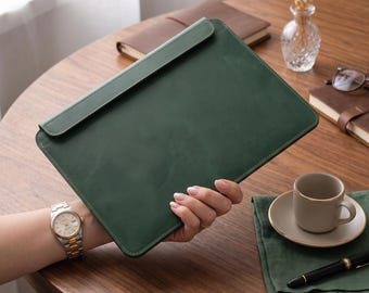 Green Leather Laptop Sleeve 13 15, MacBook Air Case, Crazy Horse Leather Computer Sleeve