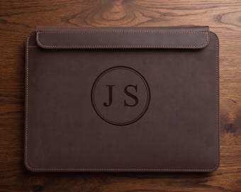 Personalized Brown Leather MacBook Sleeve, Engraved Laptop Case, Monogram Gift for Him