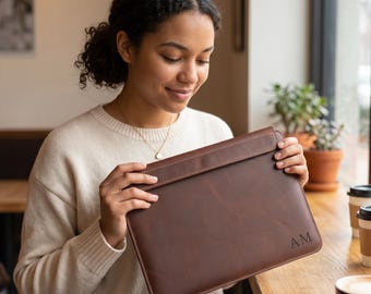 Personalized Leather MacBook Sleeve Magnetic, Engraved Laptop Case, Monogram Gift for Him Her
