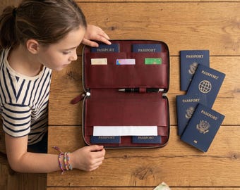 Family Passport Holder Leather Zipper, Multiple Passport Organizer, 4 Passport Travel Wallet