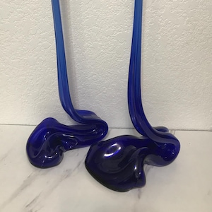 Two Colbalt Blue Murano Hand Blown Glass Artwork Decor Vase Set Of Two (16 1/4 X 6 1/2 & 16 3/4 X 7)