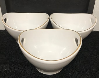 Two Portugal Matceramica Oval Bowls With Handles And Gold Trimming Set Of Two (6 1/2 Inches L’ X 6 Inches W’ X 4 Inches H’)