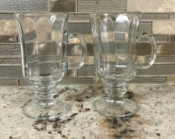 Libbey Irish Clear Coffee Thick Heavy With Lines Design Footed Pedestal Pair Of Glass Mugs Set Of Two Cups (5 3/4 Inches H’ X 3 Inches W’)