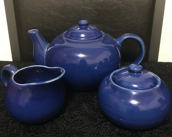 Vintage Himark blauwe keramische grote theepot suikerpot en creamer (set van drie)