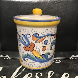 Vintage Italian Hand Painted Ceramic Canister With Lid (Made In Italy)