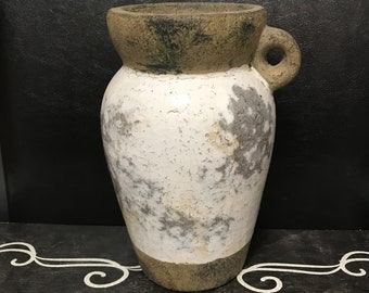 Vintage Rustic Handmade Clay Tan White Pottery Pitcher Vase Decor