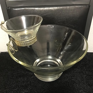 Glass Chip & Dip Bowl Set With Gold Metal Bracket Or Two Separate Matching Large And Small Serving Bowls Set