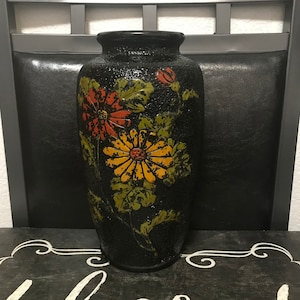 1930’s Japanese Vase Hand Painted And Hand Made Black With Floral Pottery