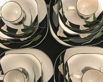 Sango Quadrille Black Lilies Four Square Dinner Plates Four Square