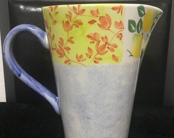 Made In Italy By Ancora Lemon Blue Floral Hand Painted Tall Pitcher (8 1/2 Inches H’ X 7 Inches W’ Up Top).