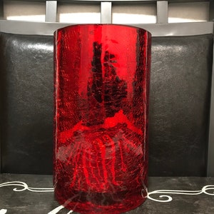 Ruby Red Crackled Metallic Glass Candle Holder Or Flower Vase (8 Inches X 4 3/4 Inches)