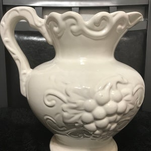 Vintage Large Raised Grape White Decorative Ceramic Pitcher