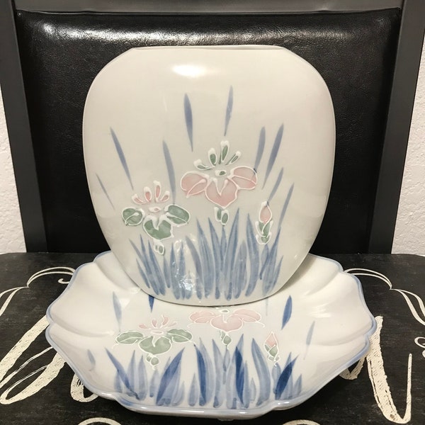 1980’s Vintage Himark Iris Mist Plate And Vase With Handpainted Flowers