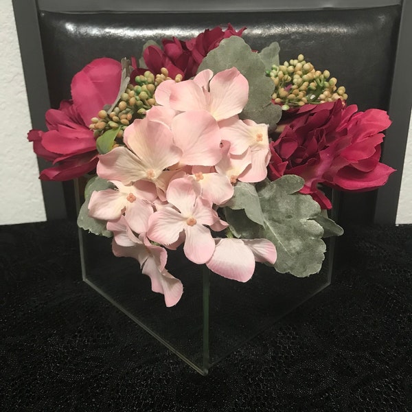 Pink Maroon Floral Arrangement Centerpiece With Mirror Vase Decor