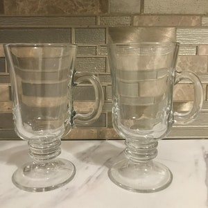 Libbey Irish Clear Coffee Thick Heavy Footed Pedestal Pair Of Glass Mugs Set Of Two Cups (5 3/4 Inches H’ X 3 Inches W’)