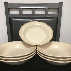 1976 Seven Mikasa Beige Country Charm Round Rimmed Stoneware Bowl Made In Japan Set Of Seven (1 3/4 Inches H’ X 8 1/2 Inches W’)