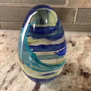 Blue Yellow Aqua Swirl Egg Shaped Paperweight Collectible Glass Decor (3 Inches H’ X 1 Inches W’)