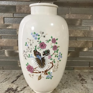 Japanese Porcelain Hand Painted Peacock Floral Collectible Decor Vase (9 1/2 Inches H’ X 5 Inches W’)